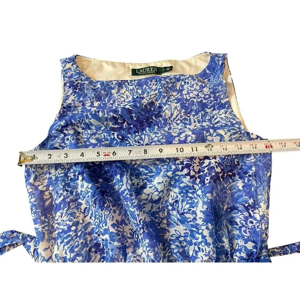 Lauren Ralph Lauren Blue Floral Sheer Lined Tie Waist Pleated Sleeveless Dress 2 - Image 11