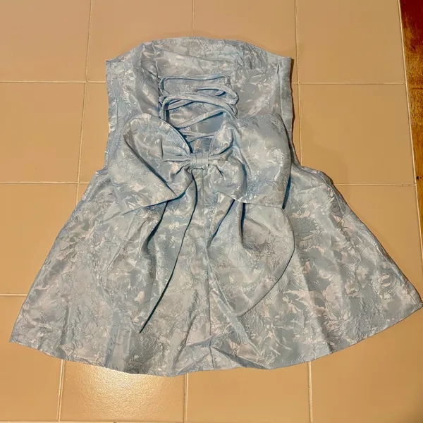 Light blue jacquard mini dress with corset and bow - Image 2