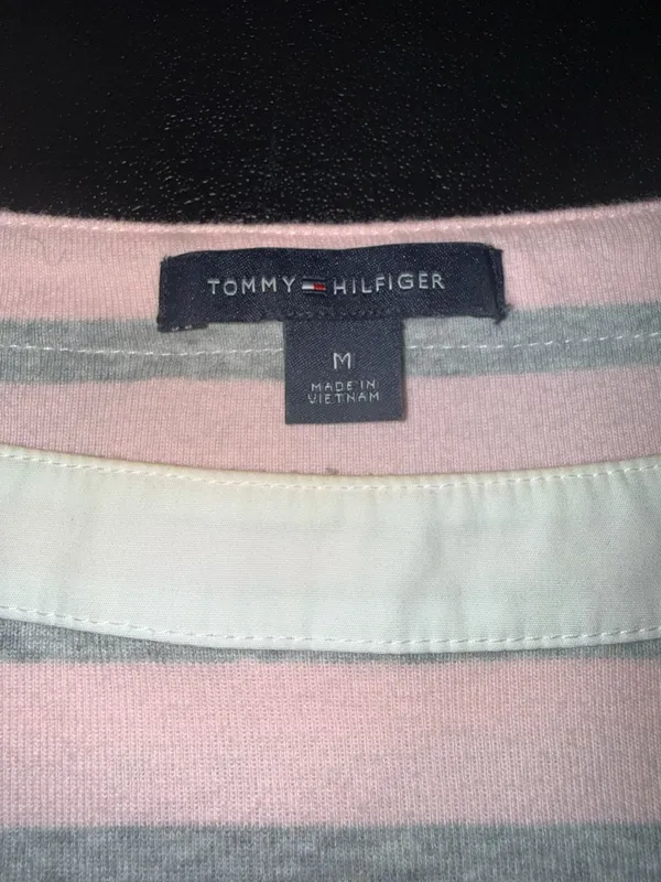 Tommy Hilfiger Pink and Grey Striped Boat Neck 3/4 Sleeve Top size-M - Image 2