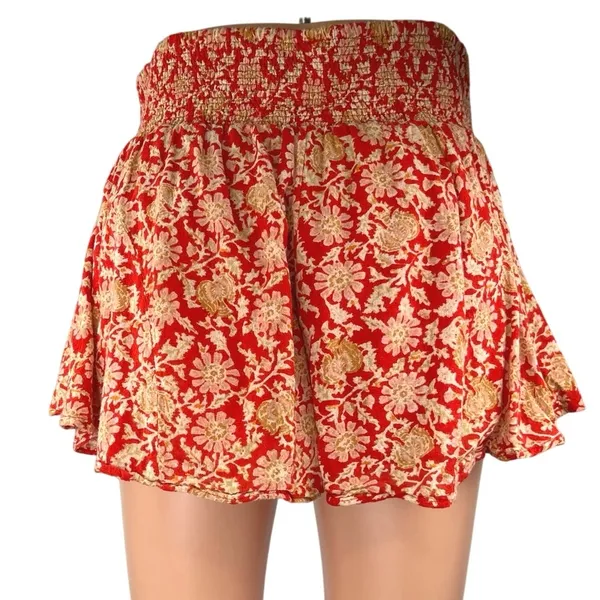 Free People Say It's So Orange Floral Smocked High Waist Flowy Mini Shorts Sz S - Image 3
