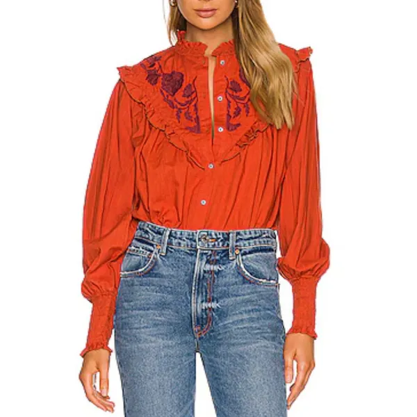 Free‎ People Rose Vines Top Women Small Rust Orange Embroidered Ruffle Smocked - Image 14
