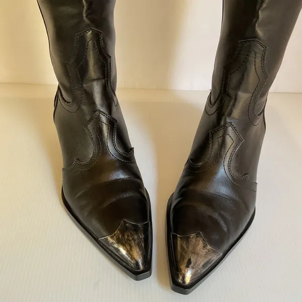 ZARA Women’s Black Western Cowboy Boots Size 37 US 6.5 Silver Metal Toe Y2K - Image 6