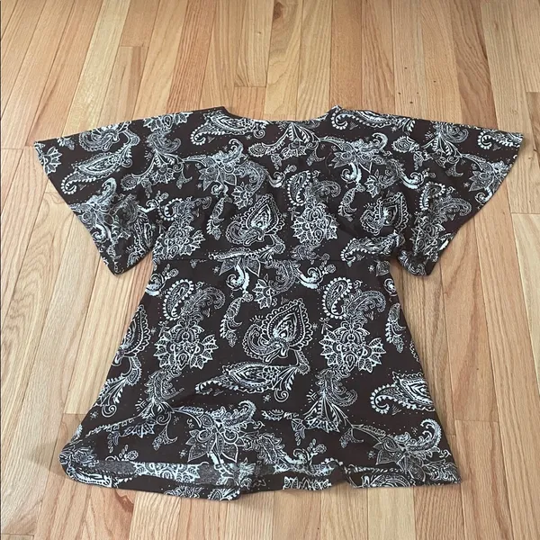 y2k Maurices Babydoll Top Womens Medium Brown White Paisley Print Boho Prairie - Image 7