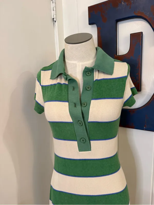 ASOS Green and White Striped Polo Knit Midi Dress Sz 2 - Image 5
