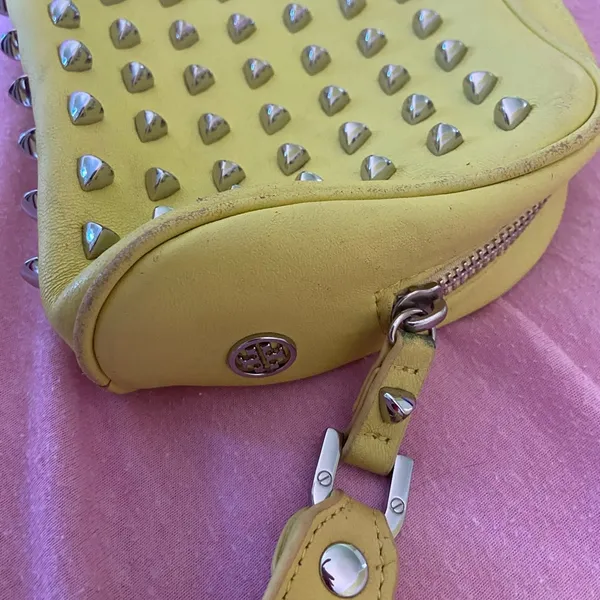 Tory Burch bag silver Studded green neonish leather with handle - Image 6