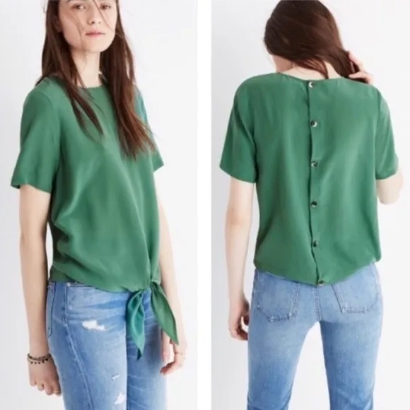 Madewell Silk Button-Back Tie-Front Top Forest Green G2064 Size L - Image 2