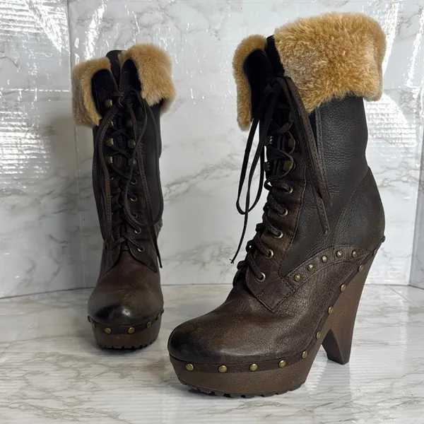 Sam Edelman Winsford Brown Leather Lace‎ Up Clogs Fur Booties Size 6.5M festival - Image 3