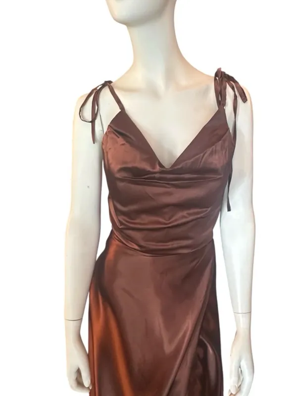 Monvelli Satin Cowl Neck Evening Gown w/Thigh High Slit & Pockets Brown 12 NWT - Image 3
