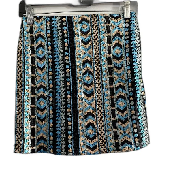 Francesca's Allover Sequin Mini Skirt Bodycon Blue Gold Geometric Tribal‎ Small - Image 2