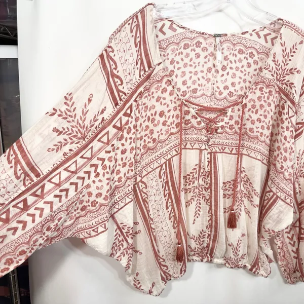 Free People Medium Tunic Top Blouse Floral Print Lace Up Bohemian Boho‎ 1254 - Image 8