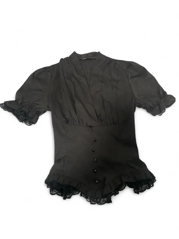 Black ruffle blouse with a lace up corset back - Image 2