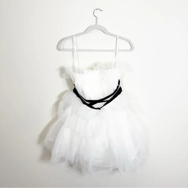NWT Anthropologie Maeve Tiered Strapless Tulle Pearl Belted Mini Dress White 8 - Image 5