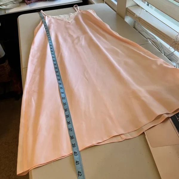 Vintage 1970s Handmade Pale Pink Lace Trim Silky Slip Lingerie Dress - XS - Image 9