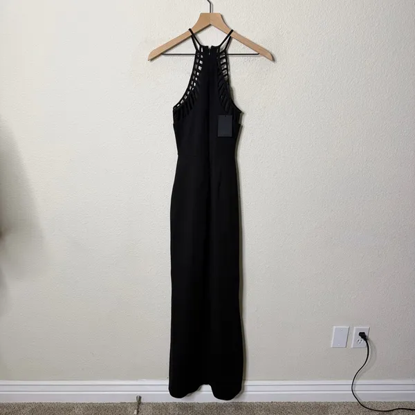 NWT‎ NBD Black Maxi Dress High Neck Lattice Cutout High Slit Womens Size S - Image 3