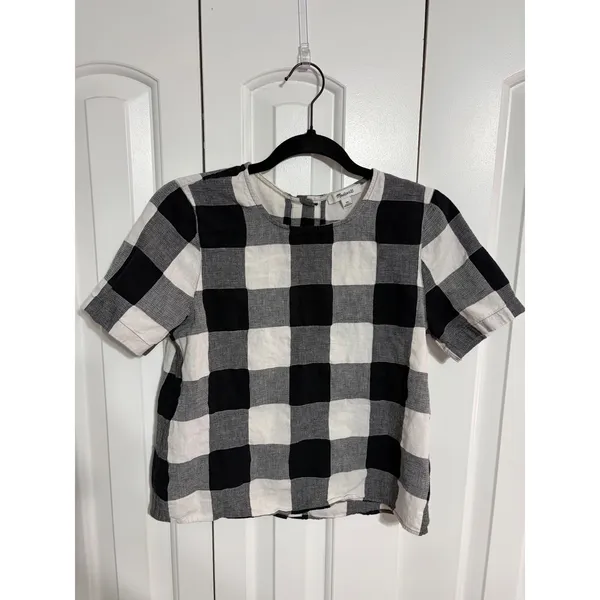 Madewell Top Buffalo Check Black White Button Back Cotton Linen XS Cottagecore‎ - Image 2