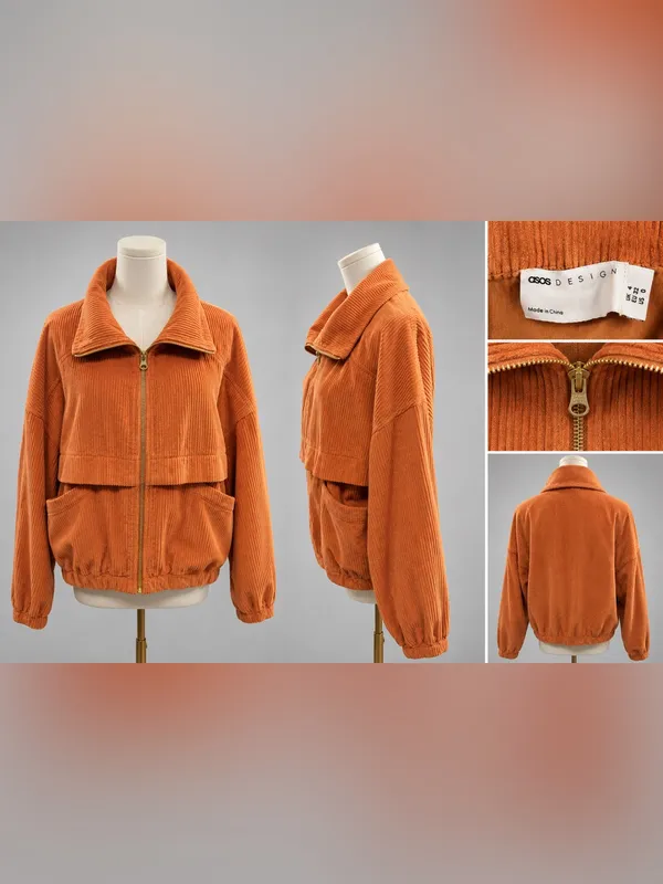 ASOS DESIGN Oversized Corduroy Zip Front Jacket Rust Orange US 0 - Image 5