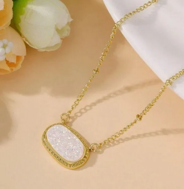 White Sparkle Oval Pendant Necklace - Image 3