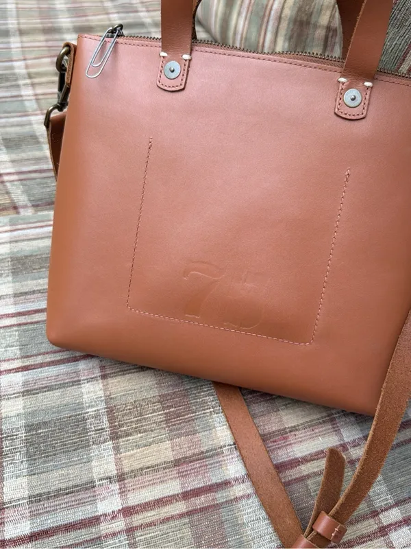 Embossed Crossbody Tote in Tan Leather - Image 2