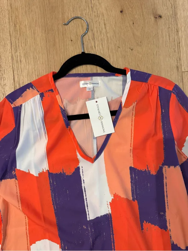 Stewart Simmons Colorblock Abstract V-Neck Blouse - Orange / Purple - Image 2