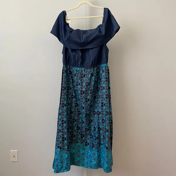 Saish Cotton Boho Beachy Relaxed Lagenlook Off Shoulder Maxi Dress Free Blue - Image 6