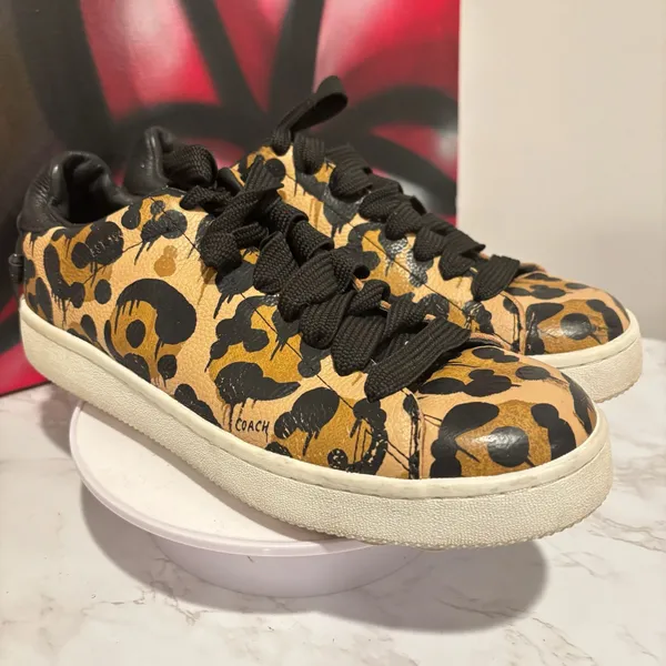 Coach High Line Wild Beast Leopard Print Pebble Leather Low Top Sneakers Sz 8.5 - Image 3