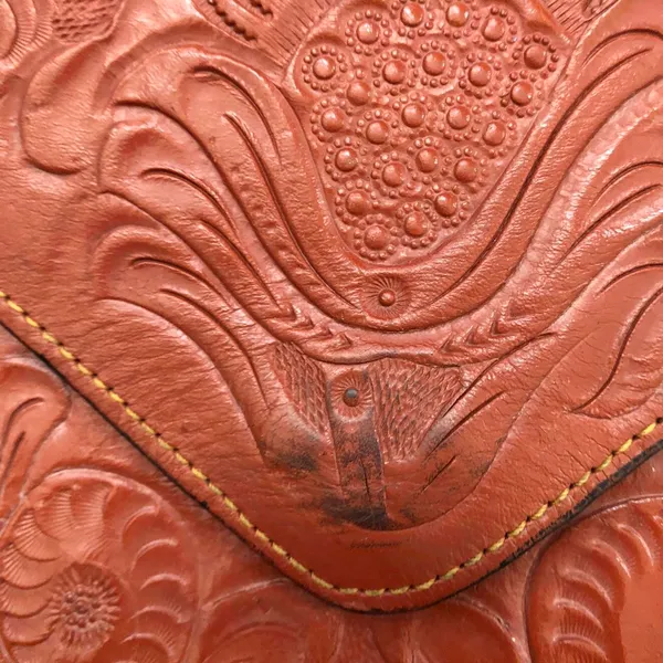 Vintage Red-brown genuine leather saddle shoulder crossbody clutch bag purse with tooled engraved minimalist floral design and crossbody messenger straps - perfect for a boho, western, or hippie look Measurement in pics - Image 7