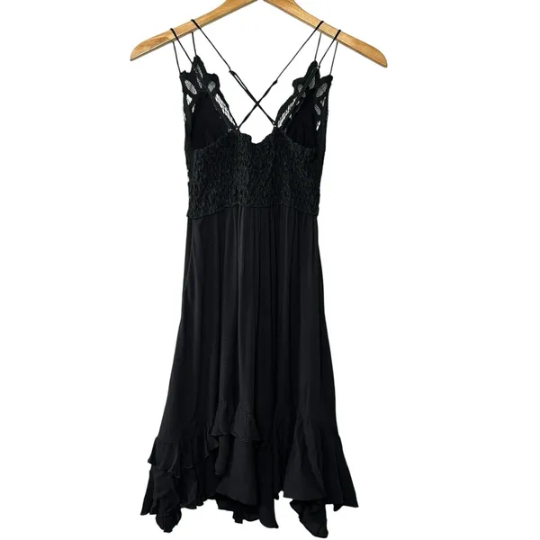 Free People One Adella Slip‎ Dress Black Lace Mini XS Boho Festival Ruffle Hem - Image 5