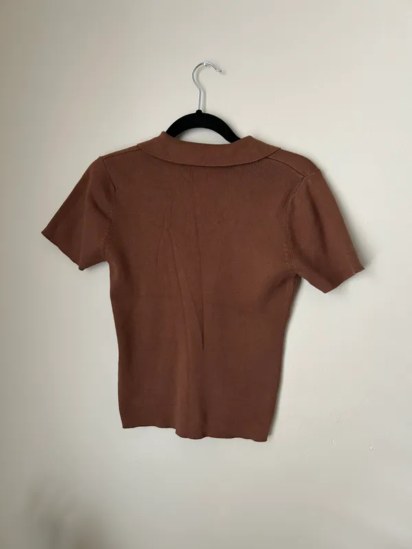 Brown Ribbed Collared Top Size M - Image 8