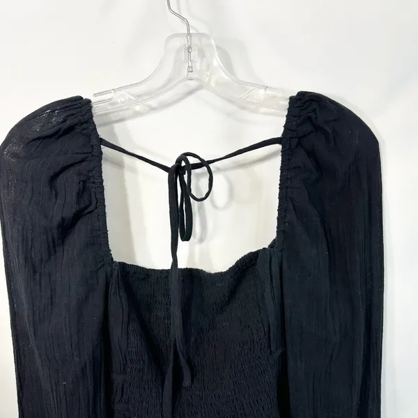 Free People Medium Top Chloe Long Sleeve‎ Smocked Black Regency Romantic 1296 - Image 10
