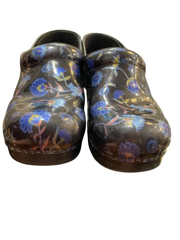 Dansko wms black blue floral leather nursing mules clogs sz 38/7.5-8 SKU 10-213 - Image 12