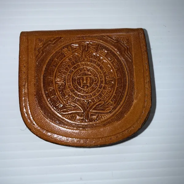 Vintage 3" Stamped/ Tooled Leather Mexican Coin Purse Wallet Brown - Image 3