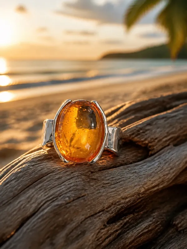 Stainless Steel Golden Amber Oval Statement Ring - Orange Size 6 - Image 2