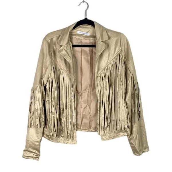 NEW! Western Fringe Soft Faux Suede Open Style Lined Jacket Coat M Light Tan - Image 11