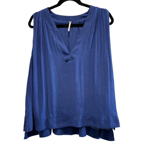 Free People $68 Darcy V-Neck Hi-Low Sleeveless Blouse Top Blue Cobalt L - Image 2