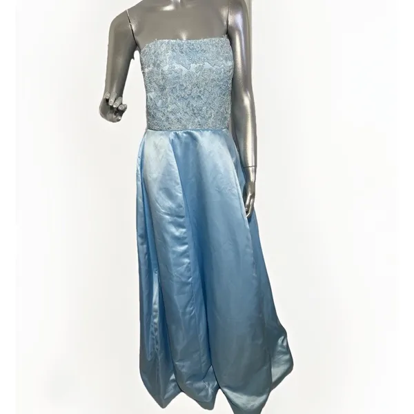 Sherri Hill Ice Blue Satin Prom Dress with Floral Embroidery & Pockets - Sz 10 - Image 2