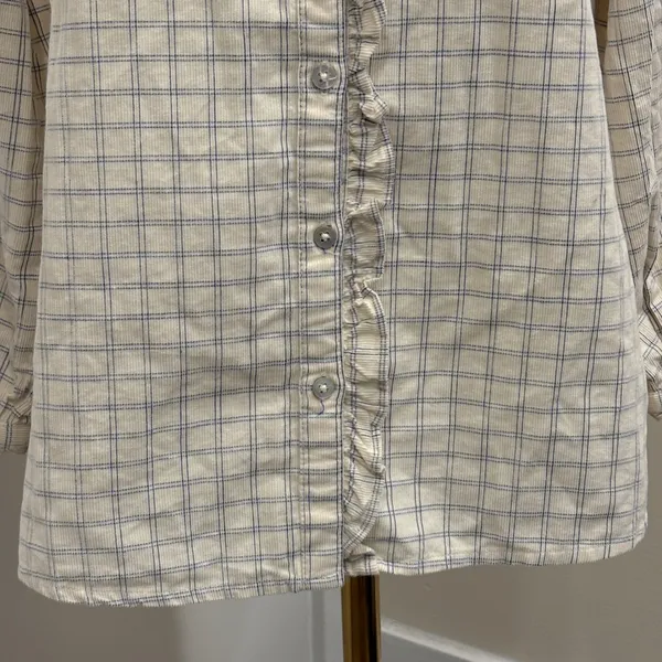 Fat Face Corduroy Ruffle Bib‎ Blouse Cream Blue Windowpane Plaid Size 4 Cottage - Image 4