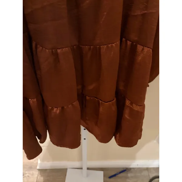 Fantastic Fawn Copper Brown Satin Tiered Mini Dress Long Sleeve Collared Medium - Image 5