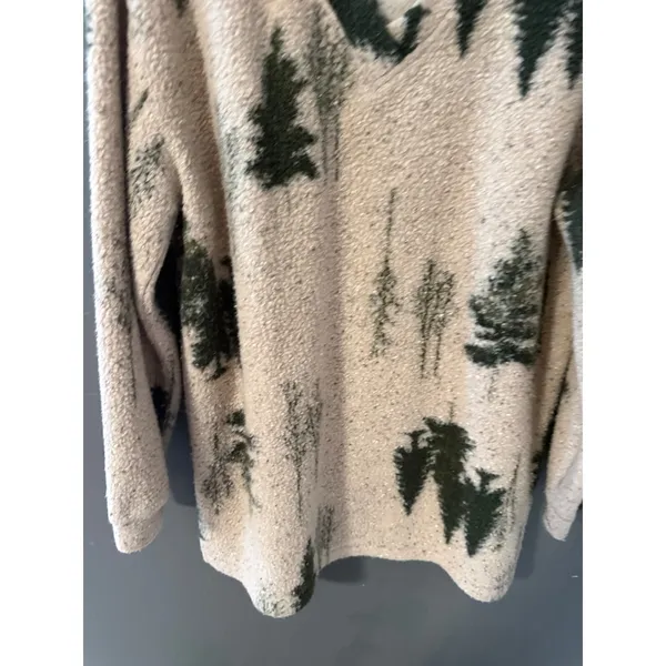 Woolrich Vintage Pine Tree Sherpa Fleece Pullover V-Neck Cream Green Womens S - Image 3