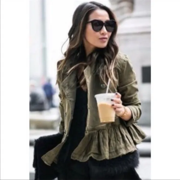 Free People Peplum Military Olive Green Ruffled Hem Double Breasted Jacket XS - Image 2