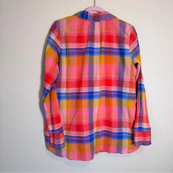 Soft Surroundings Pink Blue Plaid Button Down Shirt Womens L Casual Fall Flannel - Image 4
