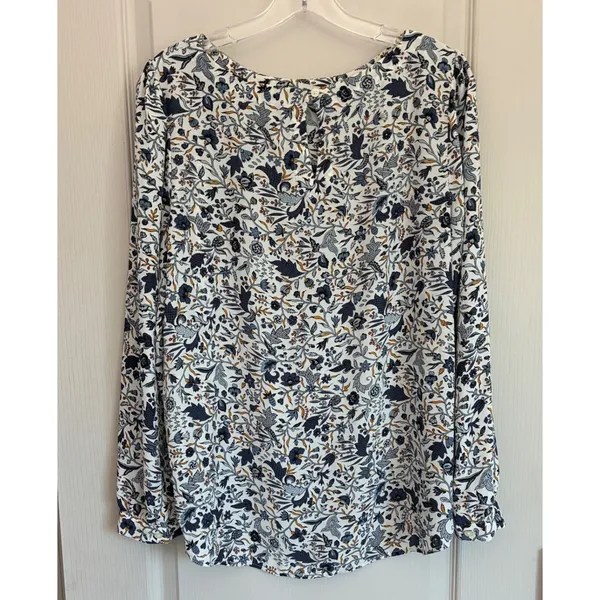 LOFT‎ Womens Blue White Floral Botanical Long Sleeve Blouse Keyhole Back Large - Image 3