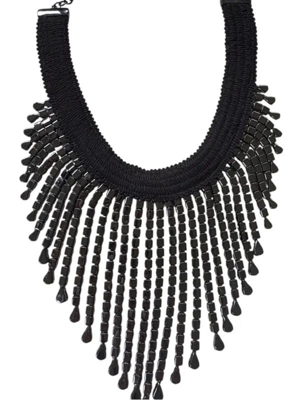 Like New White House Black Market Jeweled Fringe Bib Necklace Black - Image 6