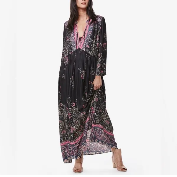 Free People Maxi Dress Size Large Black and Pink Long Sleeve Boho - Image 6