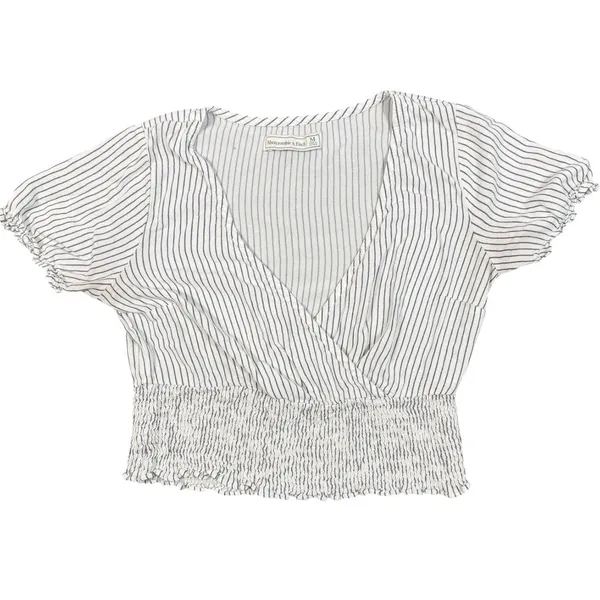 Abercrombie & Fitch Top Womens Medium White Blue Stripe Smocked Wrap Crop - Image 11