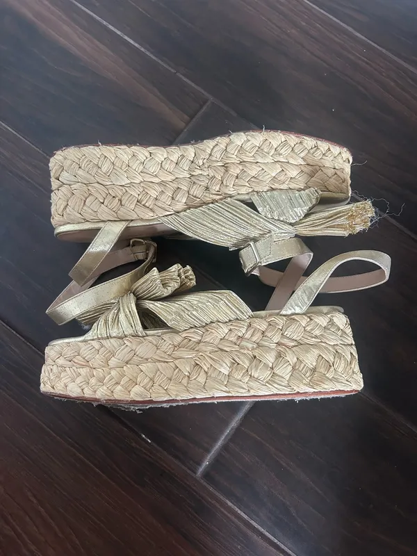 Loeffler Randall Gold Bow Pleated Espadrille Wedge Sandals Ankle Strap - Image 3