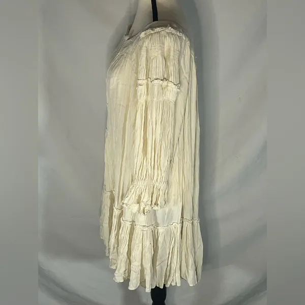 Free People Ivory Voile & Lace Tunic Mini Dress Cream Boho Smocked Medium - Image 3