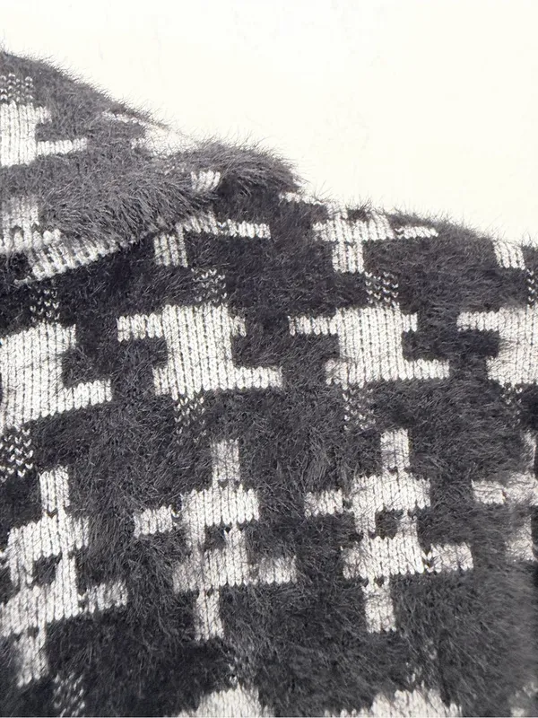 NVLT Fuzzy Knit Houndstooth BlacK White Two Button Blazer Jackets medium small - Image 5