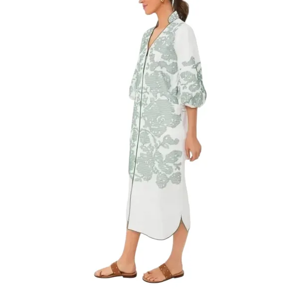 Tuckernuck Hyacinth House Arem Embroidered Caftan Small Front Zip White Green - Image 2