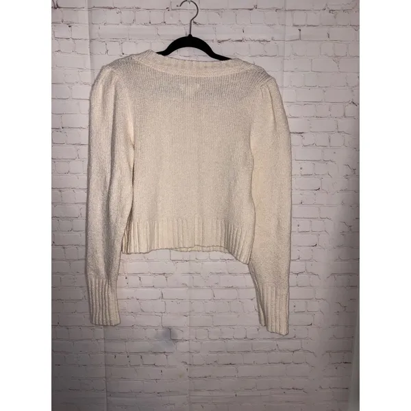 Maeve Anthropologie Cream Cotton Blend Puff Sleeve‎ Knit Cropped Sweater Medium - Image 2