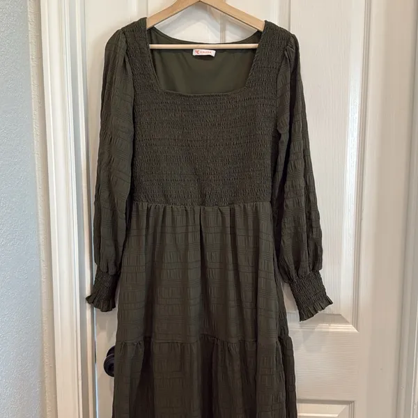 Kirundo smocked olive green long sleeve maxi dress - Image 4